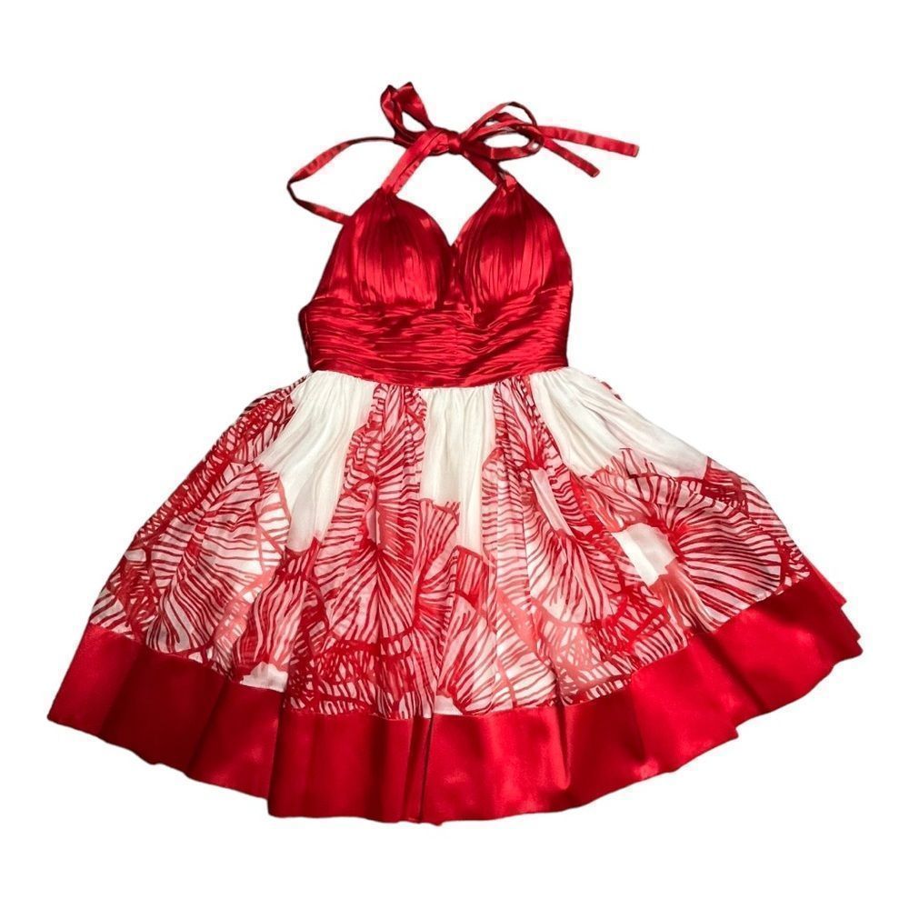 Women’s Luxury Brand JOVANI 100% SILK red & white formal mini dress size 2